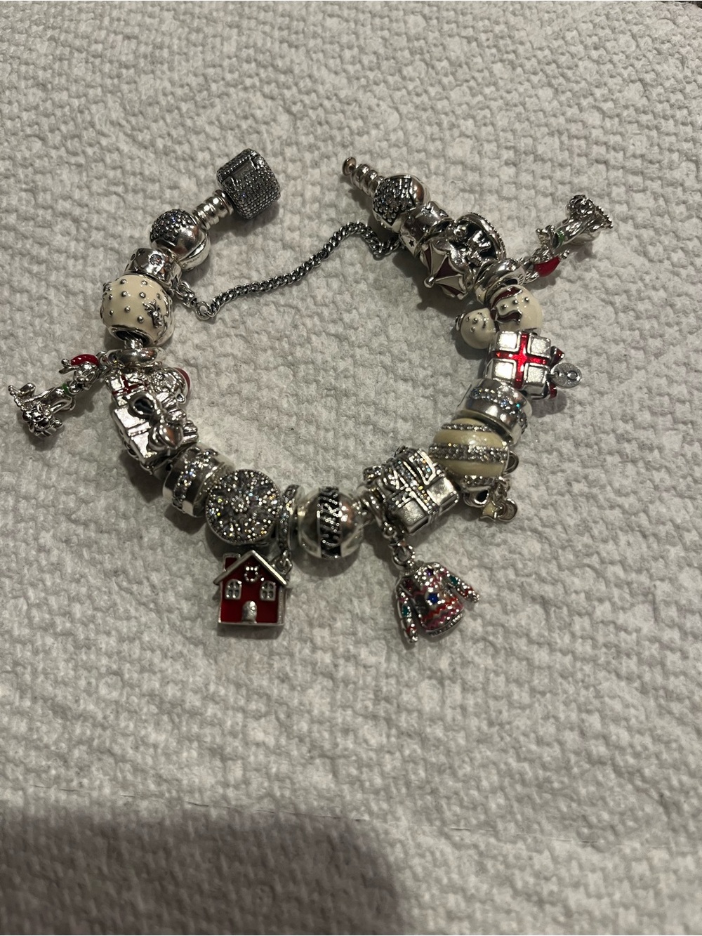 Pandora Silver Charm Bracelet with Red and Cream Accents